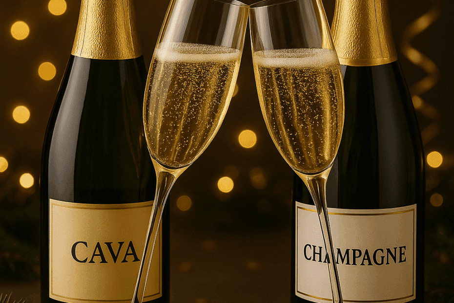 Botellas de cava y champagne junto a copas en una mesa decorada para Navidad, con luces y adornos festivos.