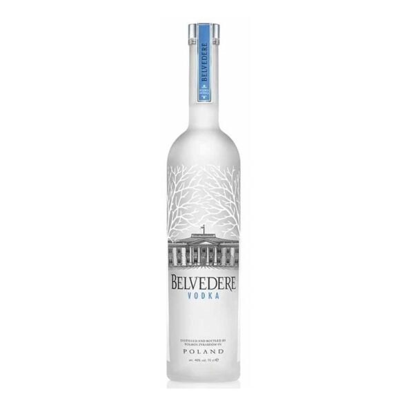 Botella de Vodka Belvedere Pure 70cl sobre fondo blanco – Vodka premium polaco disponible en Barcelona Wines Online
