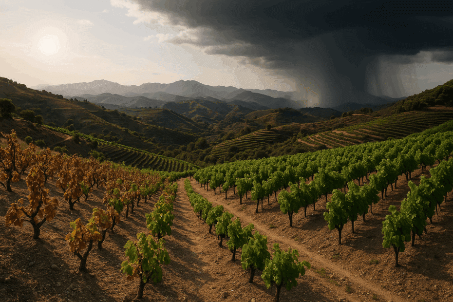 Viñedos del Priorat con contraste climático: vides secas a la izquierda y verdes a la derecha, con tormenta en el fondo montañoso.