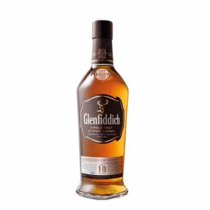 Botella de whisky escocés Glenfiddich 18 Años Single Malt sobre fondo elegante
