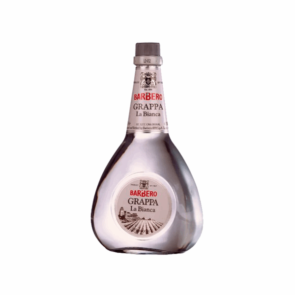 Botella de Grappa La Bianca Barbero de 70 cl con etiqueta blanca, disponible en Barcelona Wines Online.