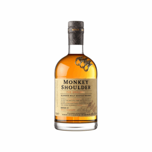 Ampolla de whisky Monkey Shoulder triple malta escocès sobre fons neutre
