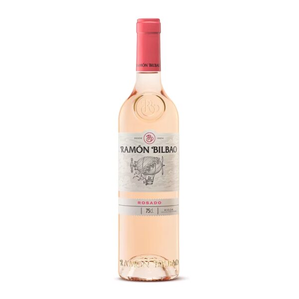 Botella de vino rosado Ramón Bilbao sobre fondo blanco, rosado de Rioja elaborado con garnacha de altura, fresco y elegante.