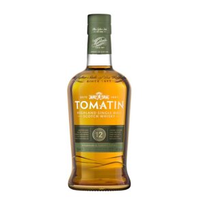 Botella de whisky escocés Tomatin 12 Años single malt con estuche, disponible en Barcelona Wines Online