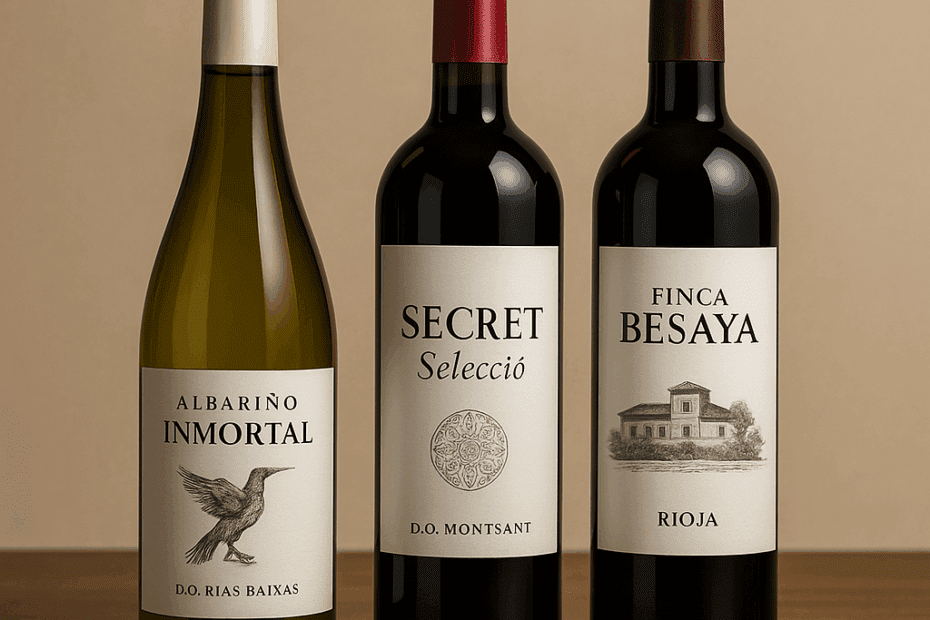 Tres botellas de vino español: Albariño Inmortal, Secret Selecció y Finca Besaya, destacando la diversidad y la identidad de sus regiones de origen.
