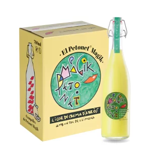 Botella de El Petonet Màgik, licor de crema de arroz con toque de limón, sin gluten y sin lactosa, elaborado en Tarragona.